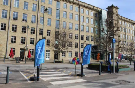 Mer banners standing at Dean Clough Mills Retail Park