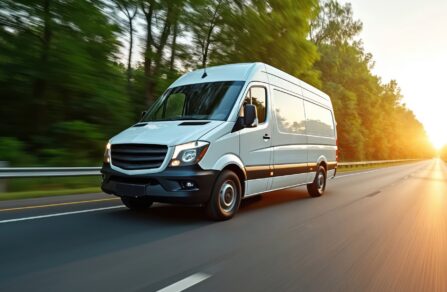 Electric delivery van driving on road